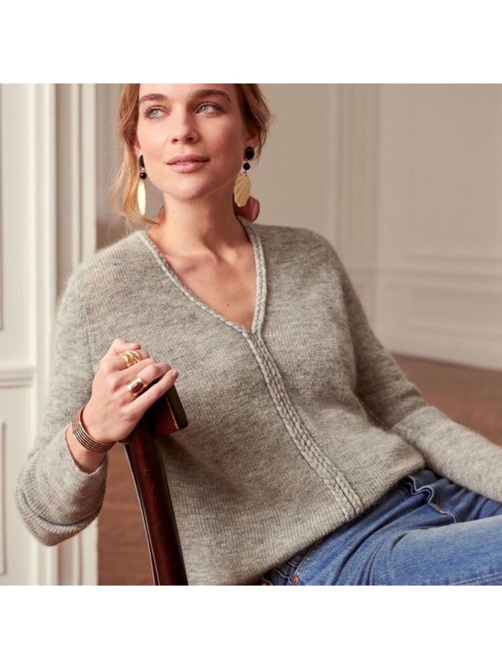 Sezane sienna jumper V-Neck Soft Knit Sweater in Light Gray Sz XS